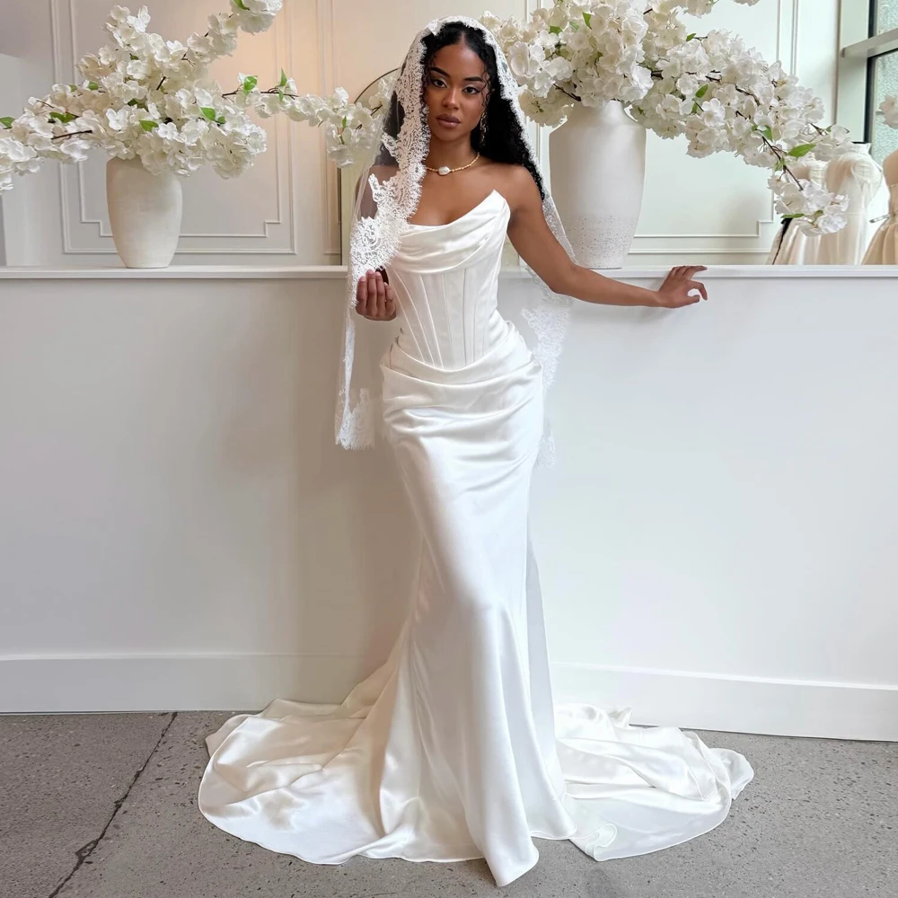 

Customized Corset Mermaid Wedding Dress for Bridal Strapless Pleated Satin Bride Gown Simple vestidos de novia Sweep Train