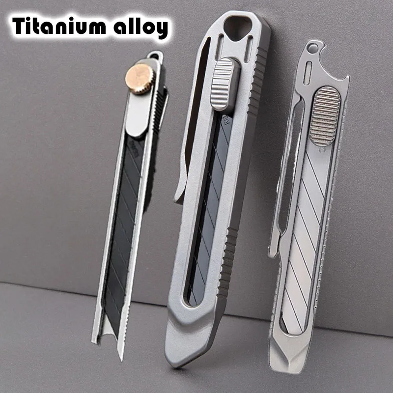 Telescópica Titanium Alloy Handle Utility Knife Abridor de Garrafas Cortador de Papel Sharp Survival Pocket Tool Lâmina Substituível Presente 10 Pcs