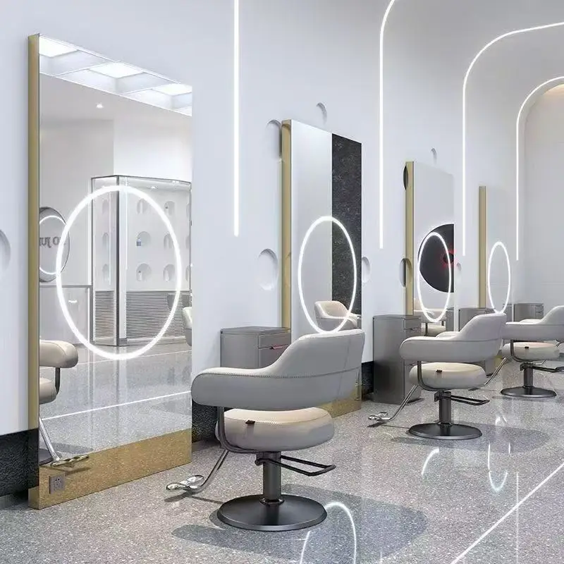 P-M662 Modern LED Light Double Sided Floor Standing Commercial Salon Beauty Mirror Stainless Steel Frame Hair Salon Use