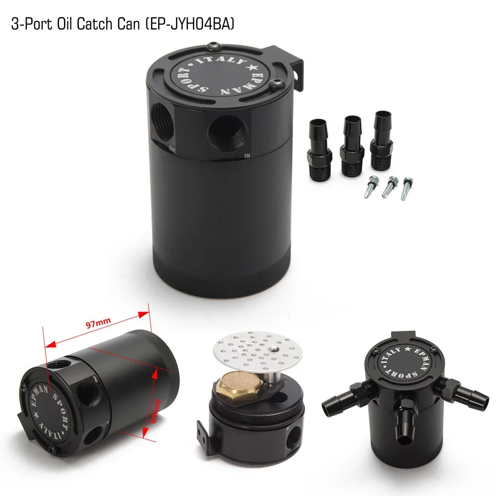 EPMAN New Black Racing Baffled Aluminium 3-Port Oil Catch Can/Tank/Air-Oil Separator Universal EP-JYH04BA
