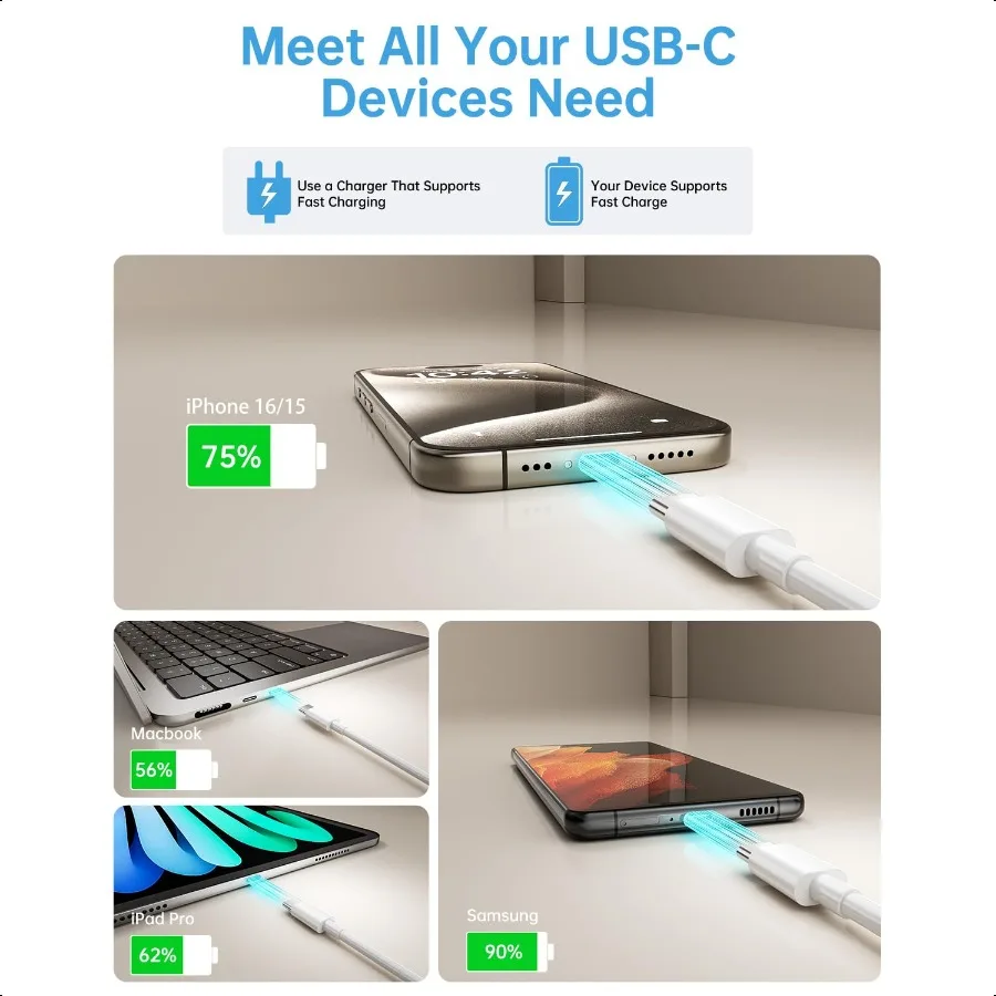 كابل USB C 5 حزمة 6FT USB C إلى USB C كابل 60 واط 3A نايلون مضفر نوع C سلك شحن سريع آيفون 16 16 Plus 16 Pro Max 15 1