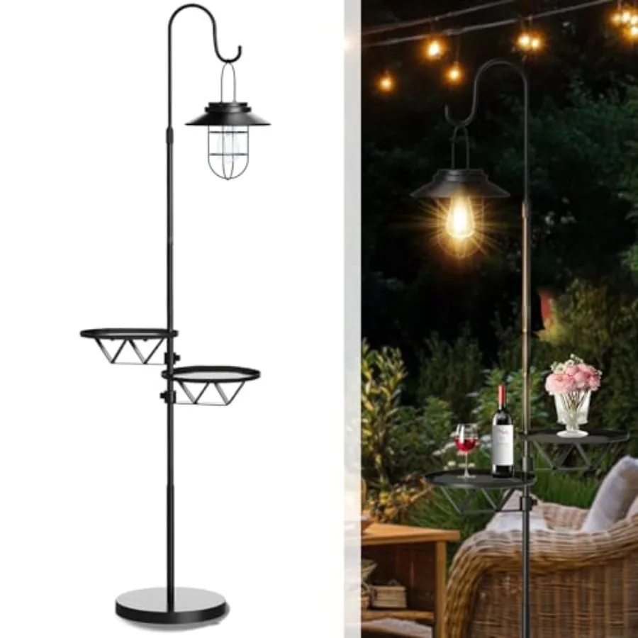 

60" Solar Floor Lamp with Detachable Hanging Lantern and Small Side Table - Cordless Waterproof Outdoor Lighting for Deck Patio