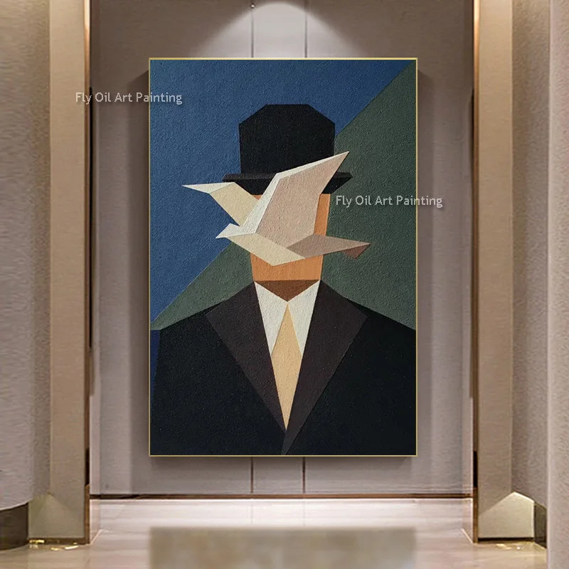 التصميم الأصلي رسمت باليد الأسود Grantleman شهم أبيض قبعة سوداء النفط اللوحة مجردة الأخضر الأزرق الأبيض الطيور قماش الفن