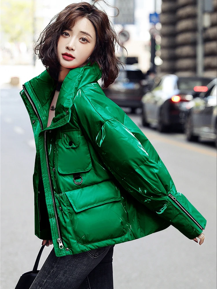 

2023 New Glossy Short Stand Collar Down Cotton Coat Women Winter Korean Version Loose Add Thick Keep Warm Female Parka Outerwear