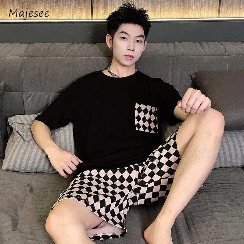 Plaid Pajama Sets Men Panelled Loose O-neck Tops Wide Leg Knee Length Homewear Bottoms Leisure Simple Summer Korean Style Daily