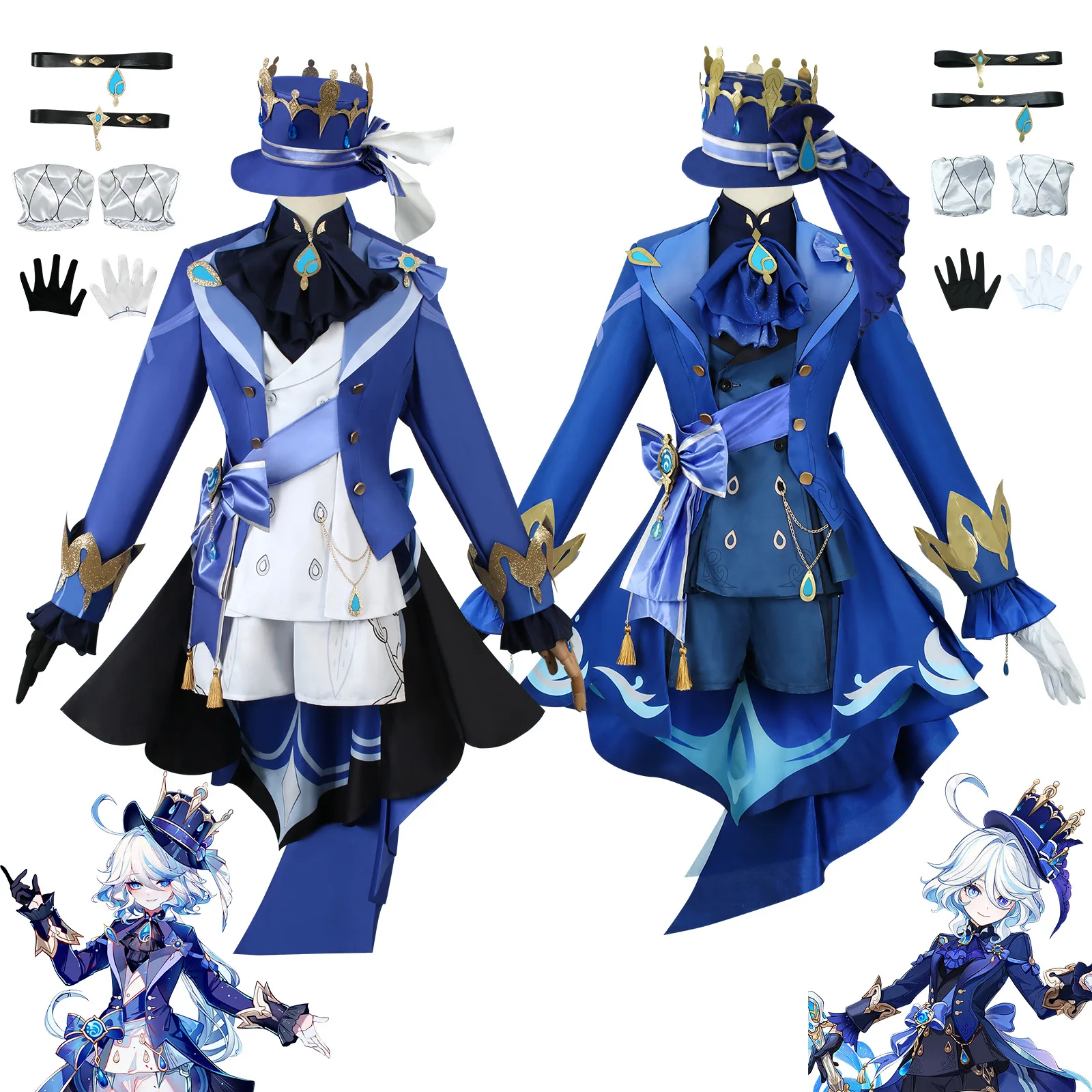 Costume de Cosplay Fontaine Furina Focalors, Costume Genshin Furina Impact, Uniforme Noir et Blanc, Perruque et Chapeau, Comic Con Cos