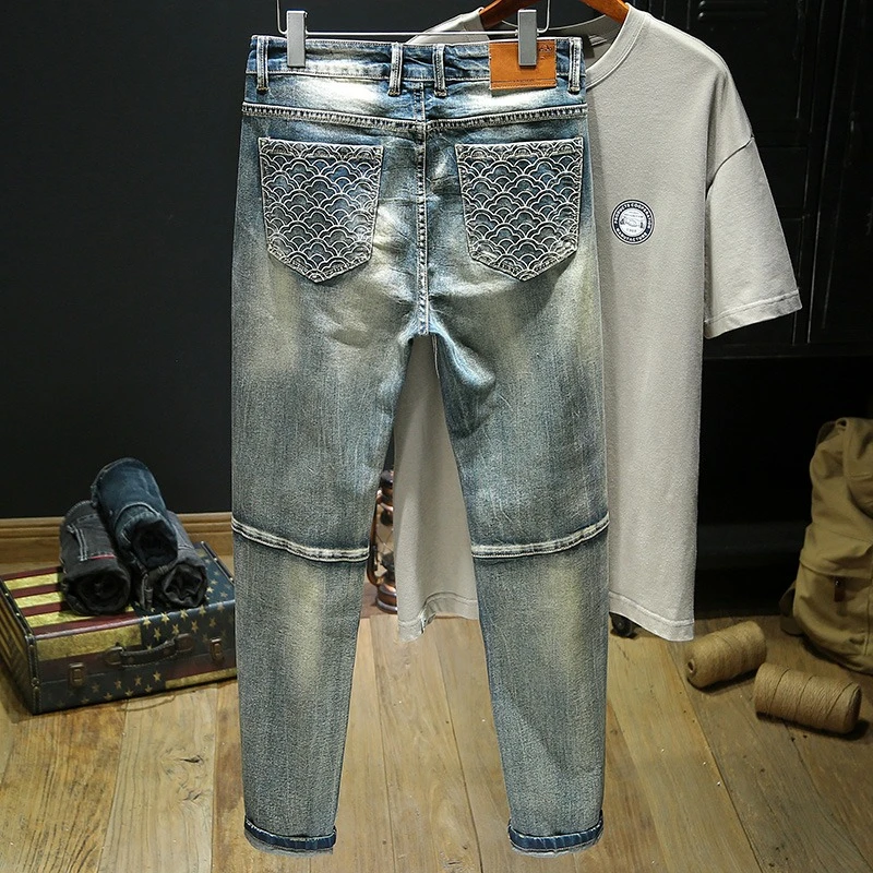 

Distressed Motorcycle Riding Jeans for Men, Trendy Brand Embroidered Patchwork Slim Fit Casual Wear-Resistant Long Pants