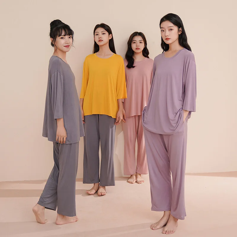 

Women Casual Pajamas Set Nightwear Solid Color Home Clothing Round Neck Sleep Suit Long Sleeve Loose Modal Homewear Sleepwear