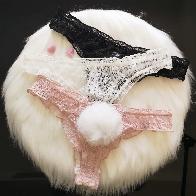 Women's Lace Mesh Cotton Thong Panties with Rabbit Tail Waist Vintage Sexy Lingerie Underpants Female Pantys