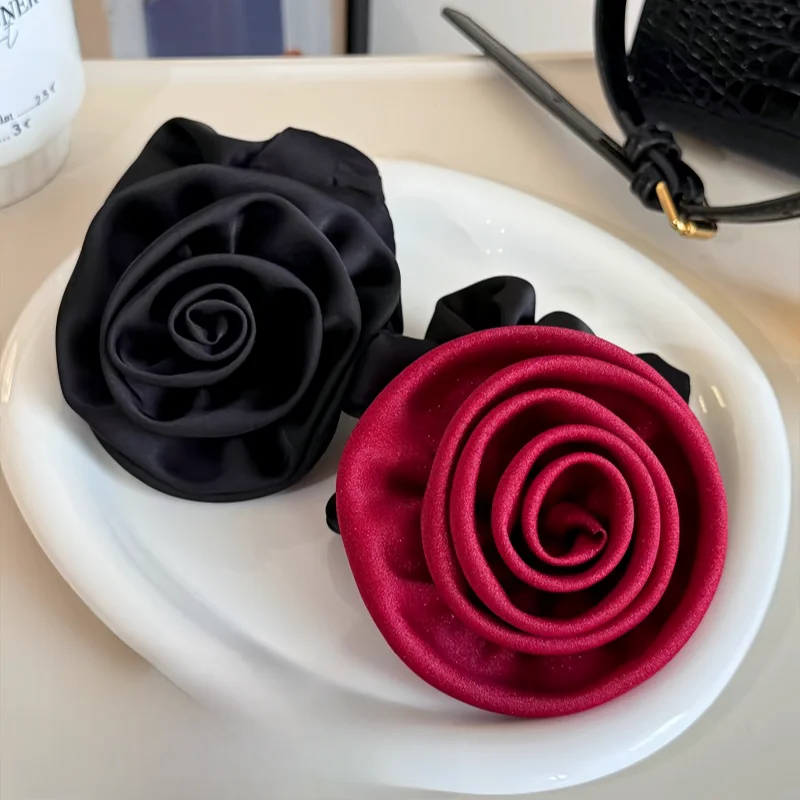 2024 Autumn Classic Bordeaux Satin Hair Ties with Vintage Rose Design FrenchStyle Rose Shape Scrunchies Elegant Hair Accessories