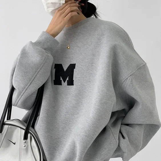 Vintage Pullover Letter Embroidery Long Sleeve Casual Streetwear Hip Hop Sweatshirt Baggy All-match O-neck Loose Oversize Hoodie