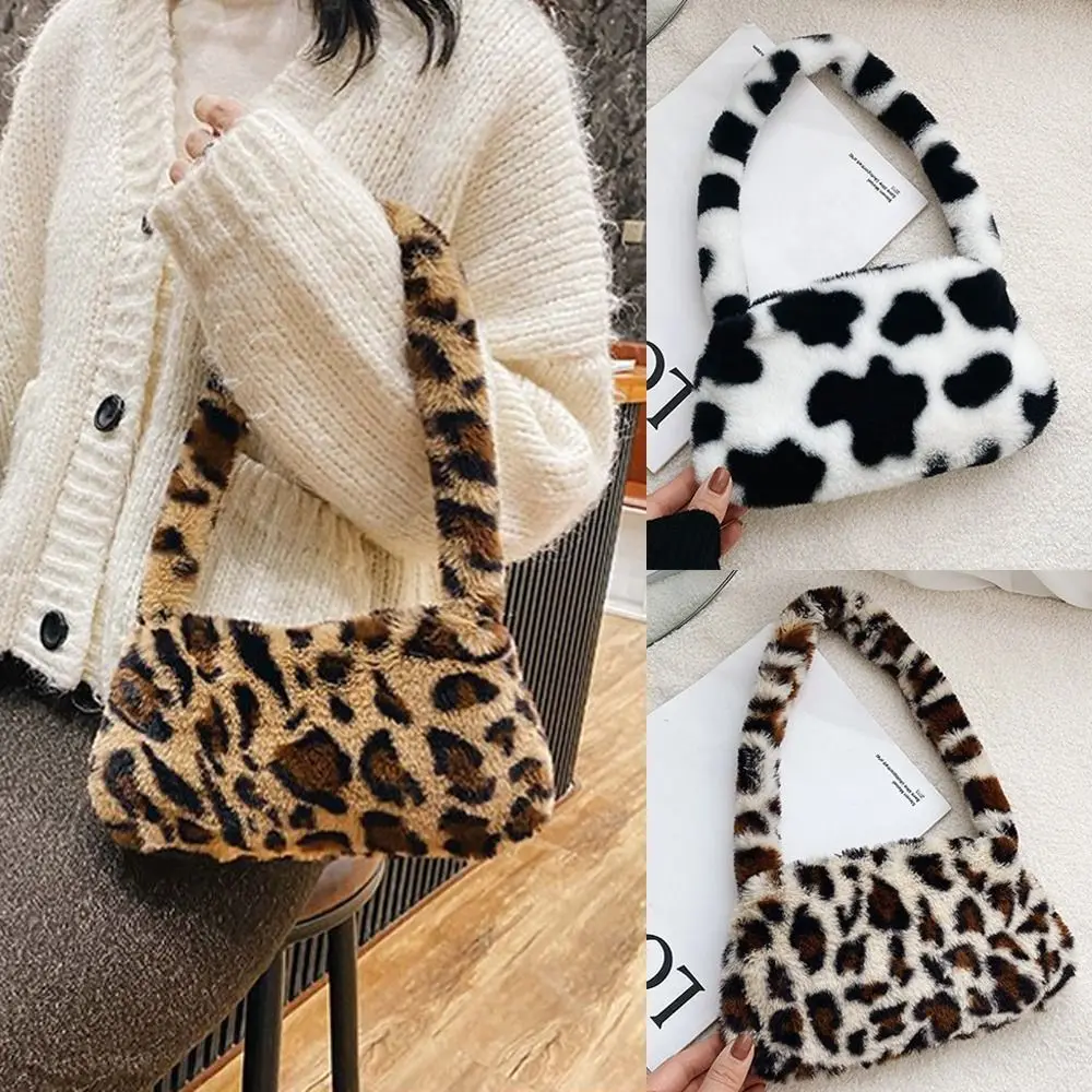 Fashion Soft Women's Shoulder Bag Leopard Print Faux Fur Mini Tote Bag Cow Print Casual Wear Handbag Purse Winter Season