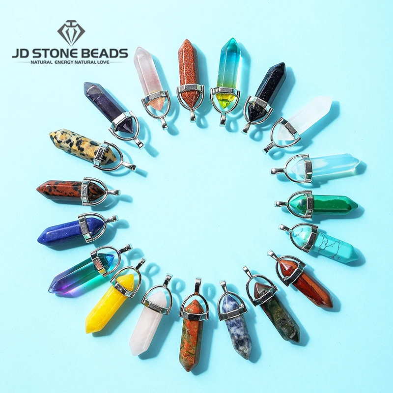 

10 Pcs/lot Natural Stone Quartz Aventurine Lapis Crystal Hexagonal Pillar Pendants For Jewelry Making DIY Necklace Accessory