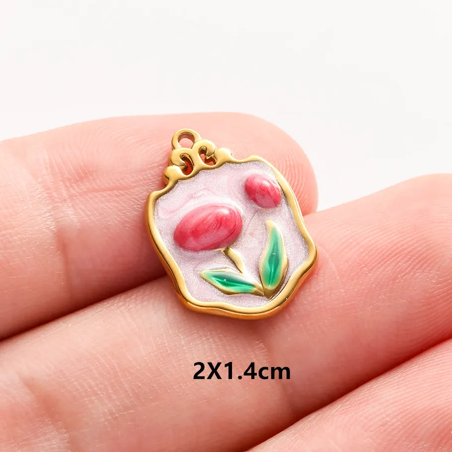 Echte Naturperlen, ovale, unregelmäßige Rosenblüten-Tulpen-Anhänger, bunte Emaille-Charms, Edelstahl-Charms für die Schmuckherstellung, Großhandel. – Detail 8