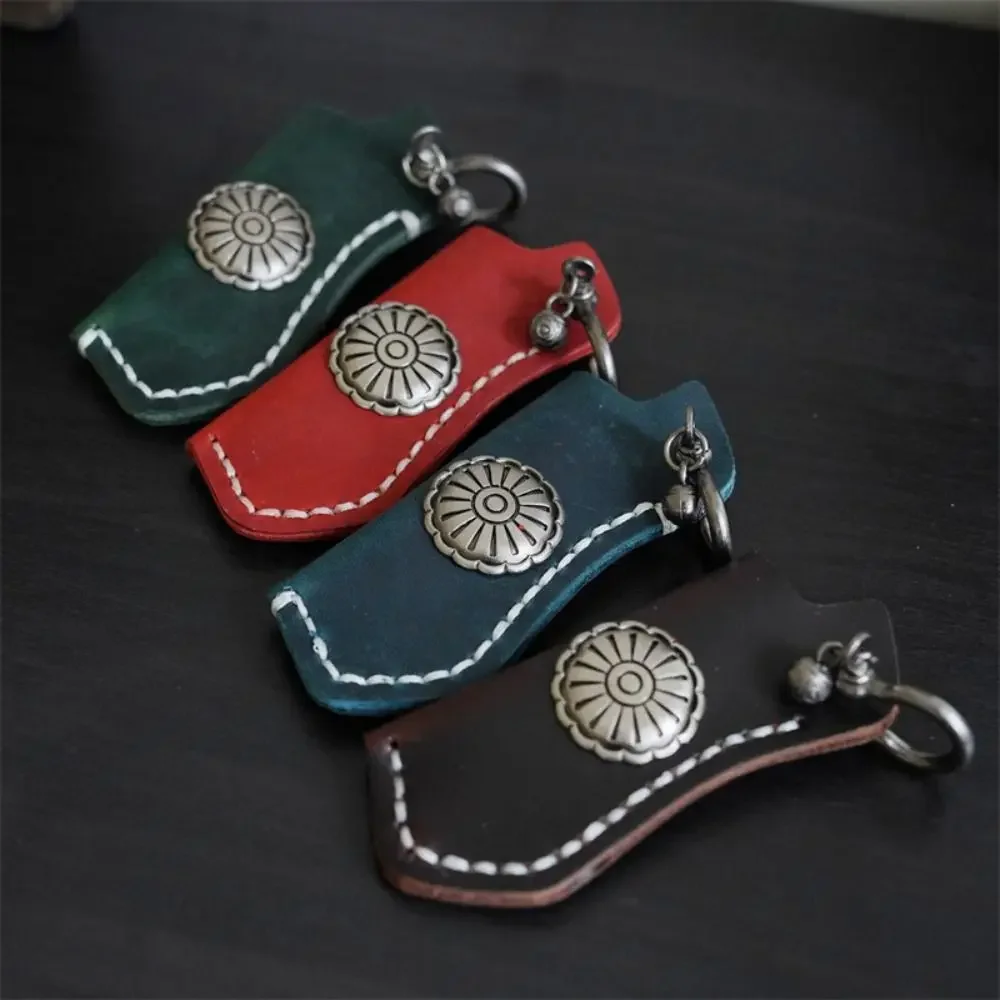 Genuine Cowhide Keychain Leather Lighter Case Holder For Cricket Lighters Sleeve Cover Case With Metal Horseshoe Shackles