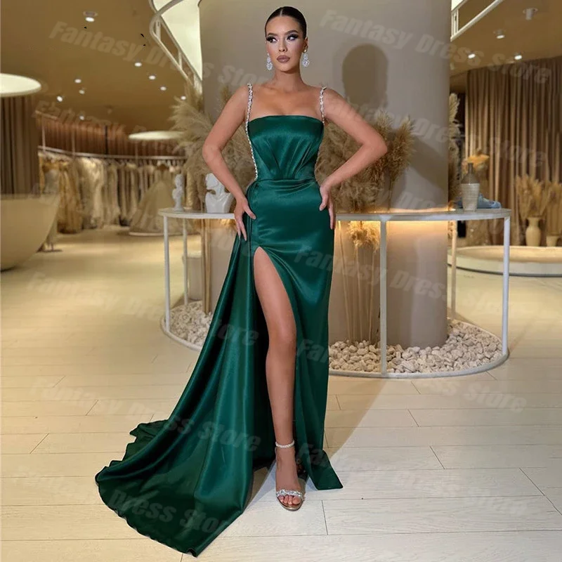 

Fantasy Dress Hunter Green Satin Mermaid Evening Dresses Square Neck Beading Straps Party Dress High Side Split Cocktail Gowns