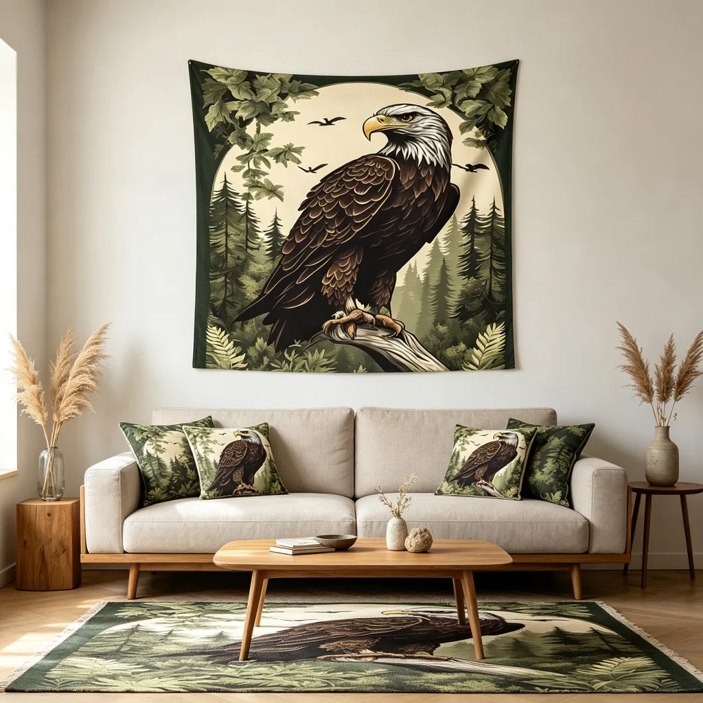 1PC Bald Eagle Forest Art Print Backdrop Banner, Bedroom Living Room Photo Background, Polyester, Home Decor, Wall Art