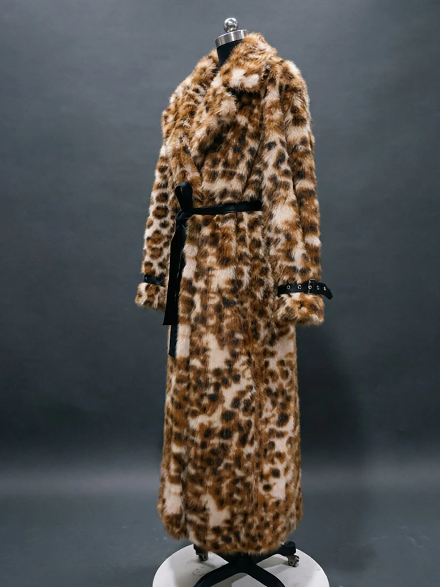 Nerazzurri Winter Long Oversized Colorful Brown Leopard Print Faux Fur Coat Women Shoulder Pads European Fashion Overcoat 2026