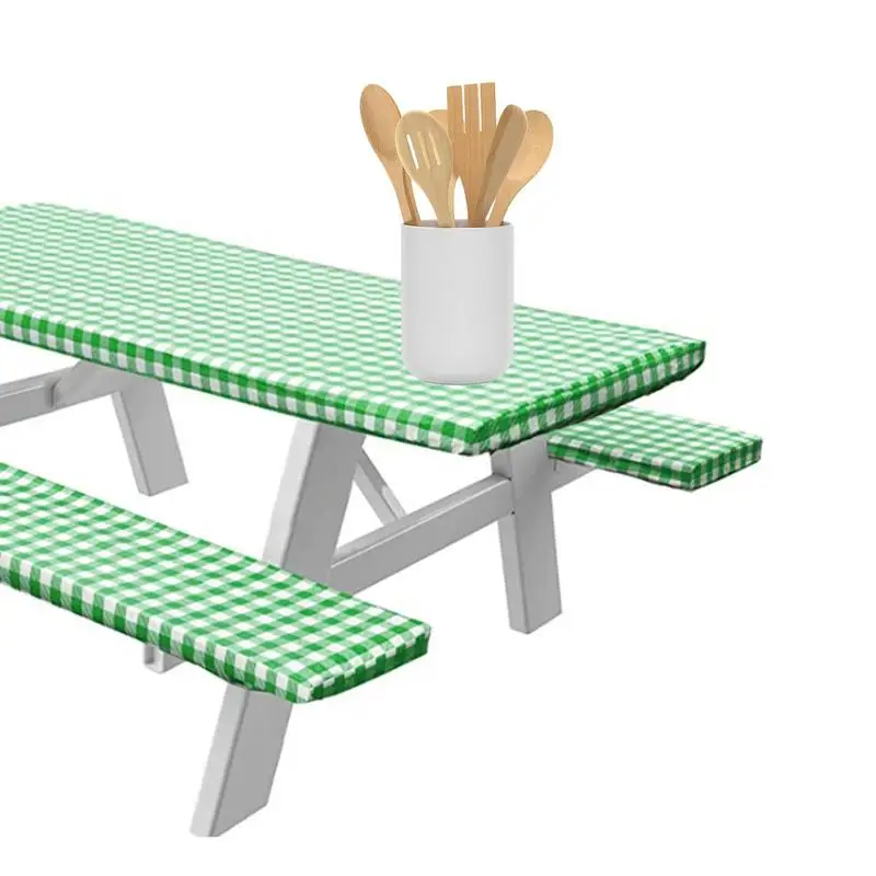 

3PCS/Set Picnic Table And Bench Fitted Tablecloth Cover Elastic Waterproof Flannel Backing Tablecloth For Picnic Camping