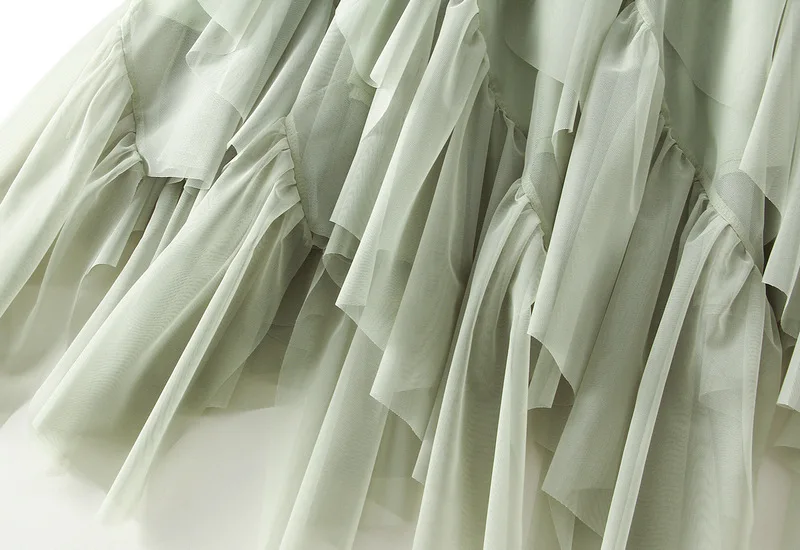 Women's Lotus Leaf Edge A Line Fairy Elastic Waist Tulle Skirt Midi High Waist Mesh Dress Solid Color Irregular Yarn Skirt D8808