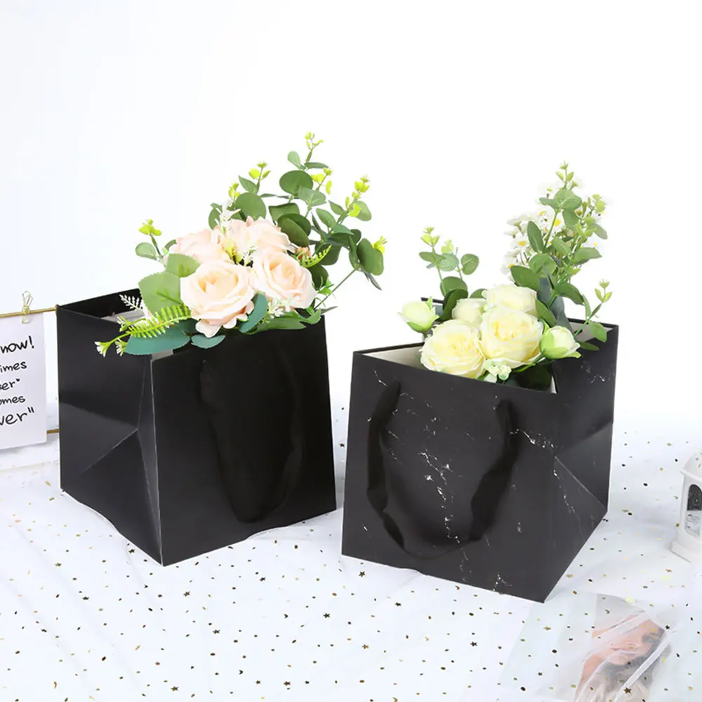 10PCS White Kraft Black Paper Gift Bags With Handle Square Potted Flower Cake Takeaway Packaging Bag for Business Wedding Favor