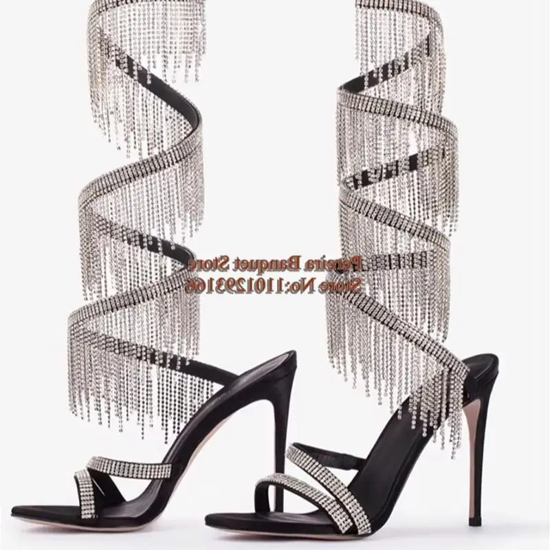 

Gittering Rhinestone Tassels Women Strappy Sandals Silver Crystal Open Toe Thin Heels Cross S Shape Wedding Evening Shoes
