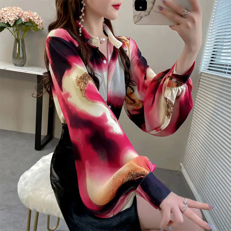 Spring Summer Floral Print Lantern Long Sleeve Chiffon Shirt Tops Women Elegant Fashion All-match Casual Blouse Female Clothes