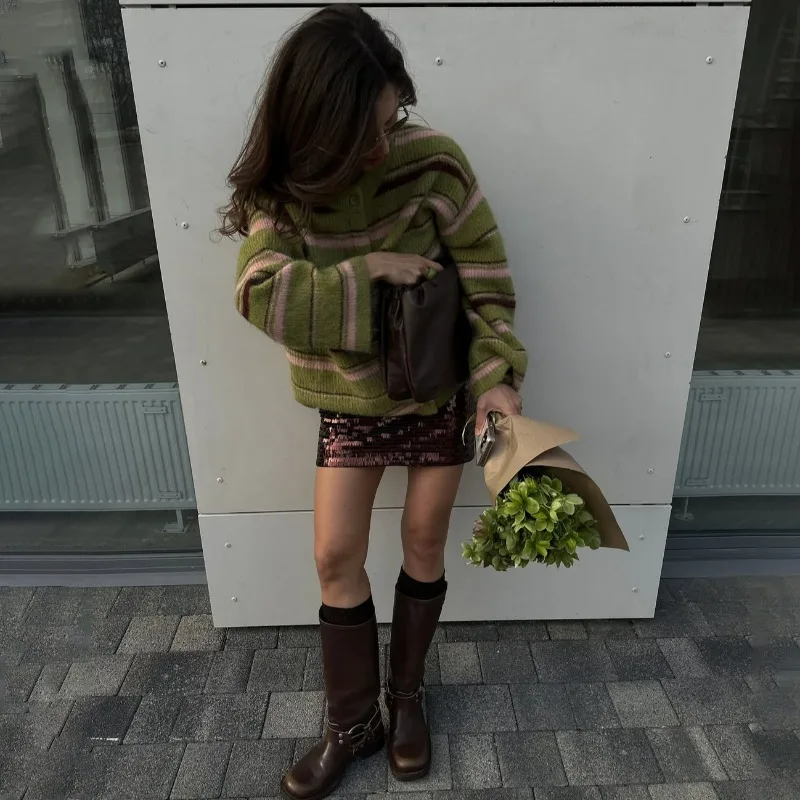 

Европейский, американский осенне-зимний американский ретро-свитер с круглым вырезом, свободный полосатый свитер, кардиган, вязаная куртка, женский топ