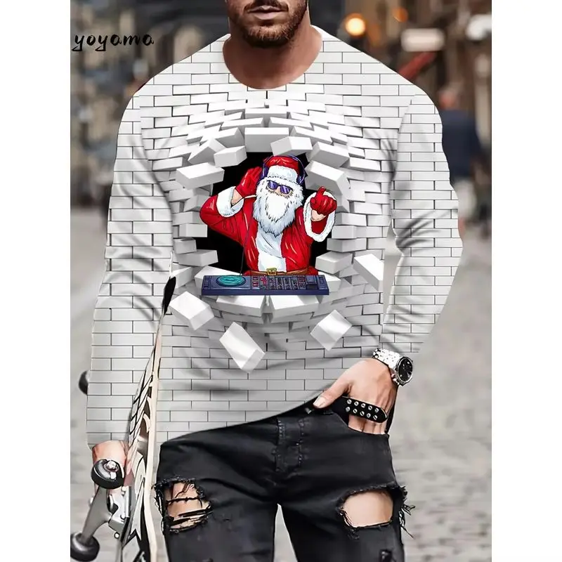 Cool Brick Wall DJ Santa Claus Print Men's Long Sleeve T-Shirt Winter Casual Top Streetwear