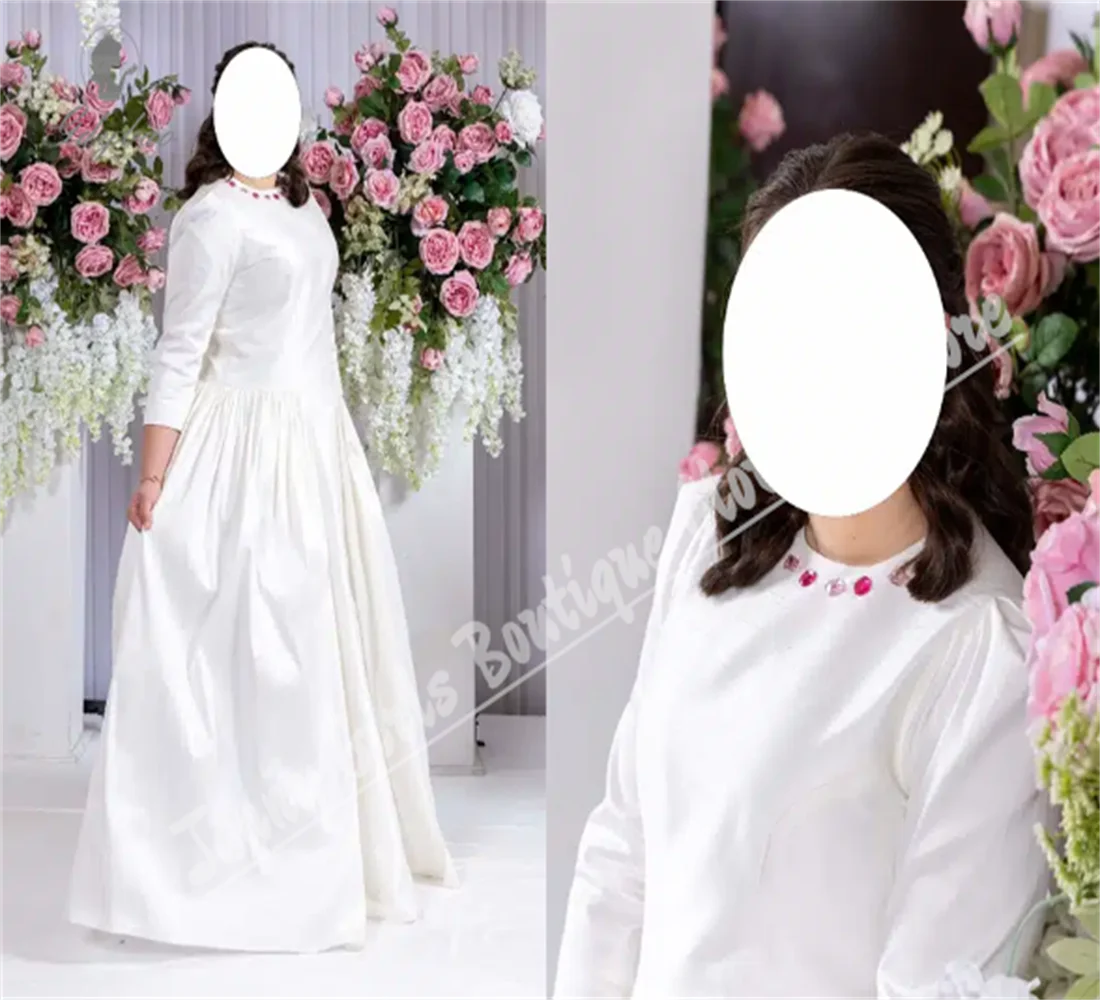 

White Satin Flower Girl Dress With Jewelry Decoration Children's Birthday Dress Fluffy Seven-quarter Sleeve Ball Gown