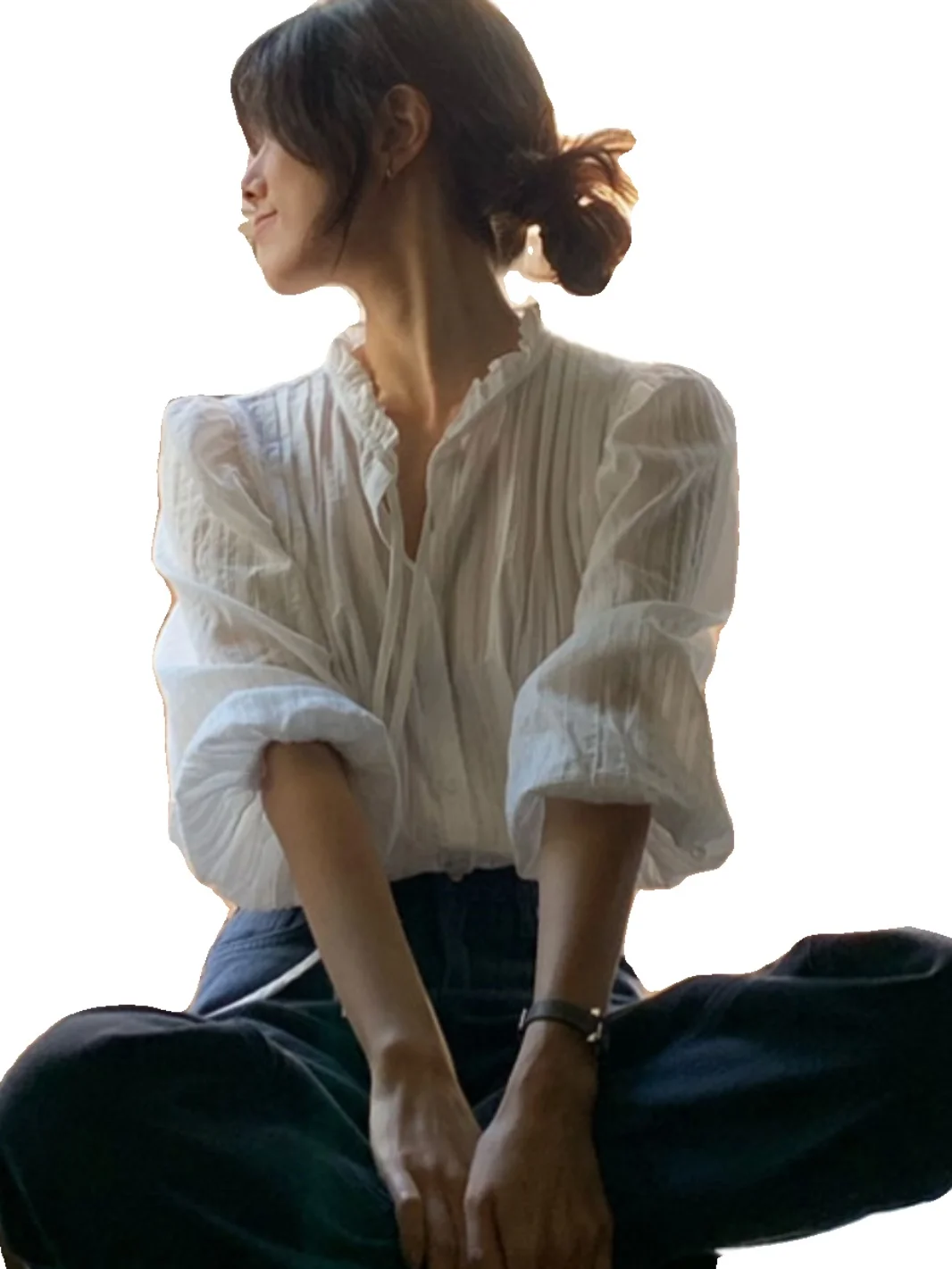 

Retro Wooden Bubble Sve irt Women's Loose Pleated Thin Sweet Youthful Doll Top Trendy Cotton Long Sve Blouse