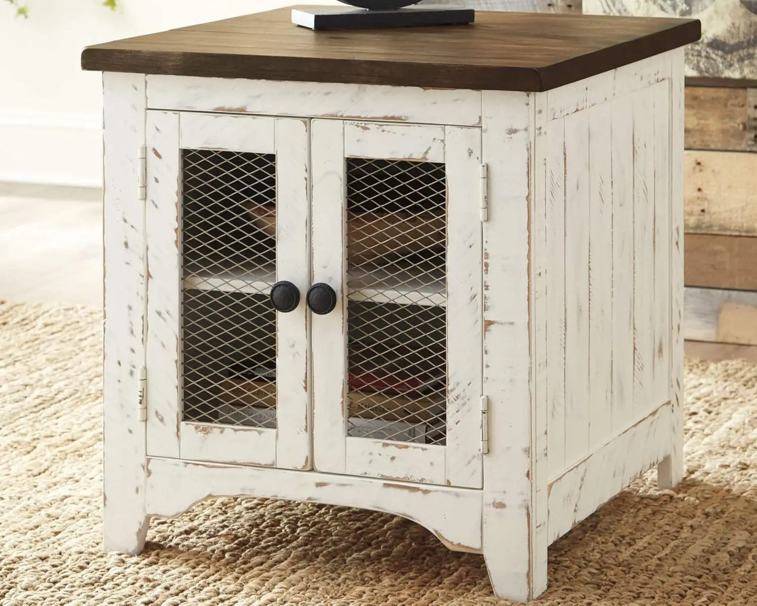 Wystfield Farmhouse End Table with Storage, Distressed White & Brown Finish