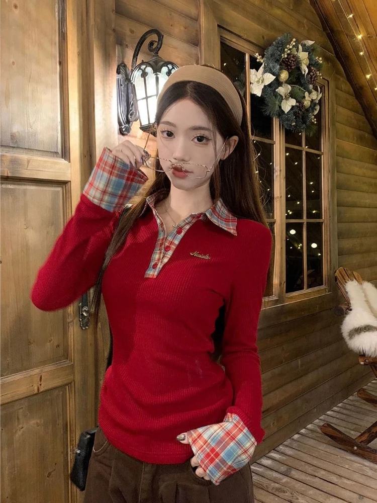 Women's Autumn Plaid Polo Neck Fake Two Piece Slim Fit Long Sleeve Retro Splice Top Vintage Checkered Tee