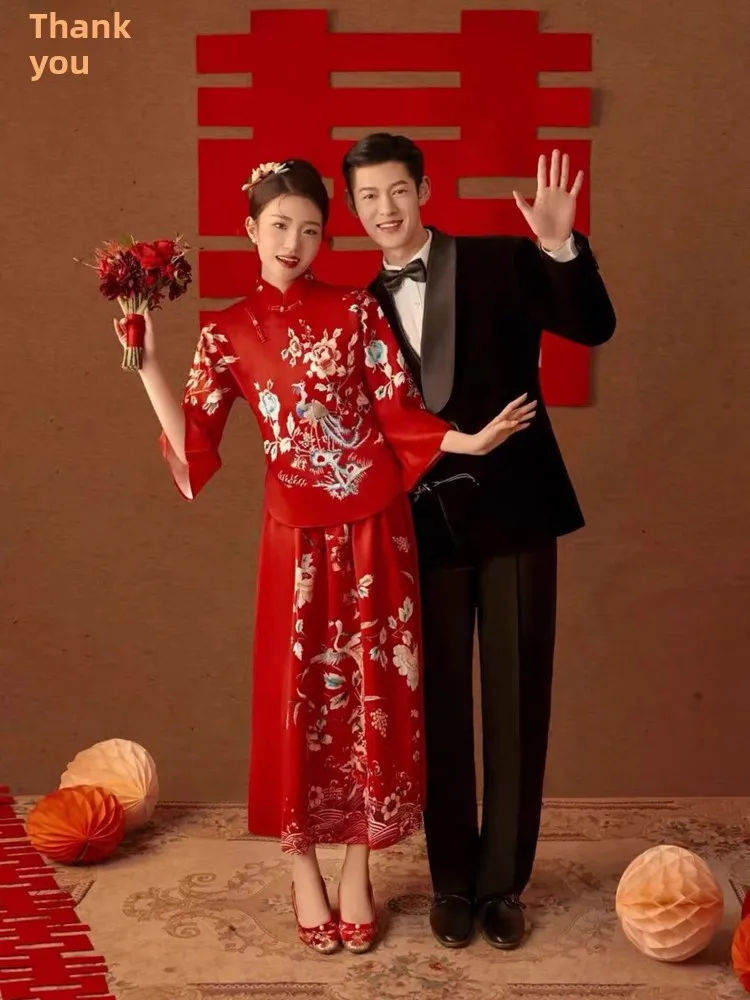 Conjunto de Vestido de Novia Estilo Chino Slim Fit, Ropa Retro Nueva para Temática de Estudio, Hanfu para Ceremonia de Bebida y Saludo Nupcial