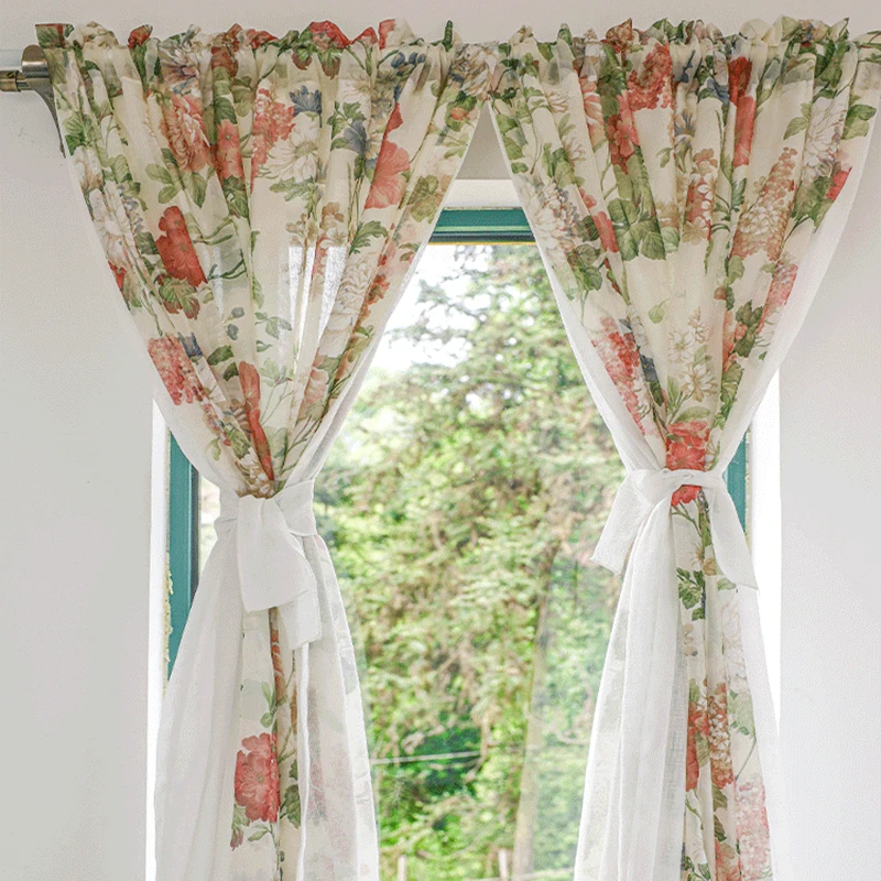 Idyllic Rural Flowers Window Tulle Door Curtains Elegant Floral Double Layer Lace Curtains for Living Room Bedroom #A148