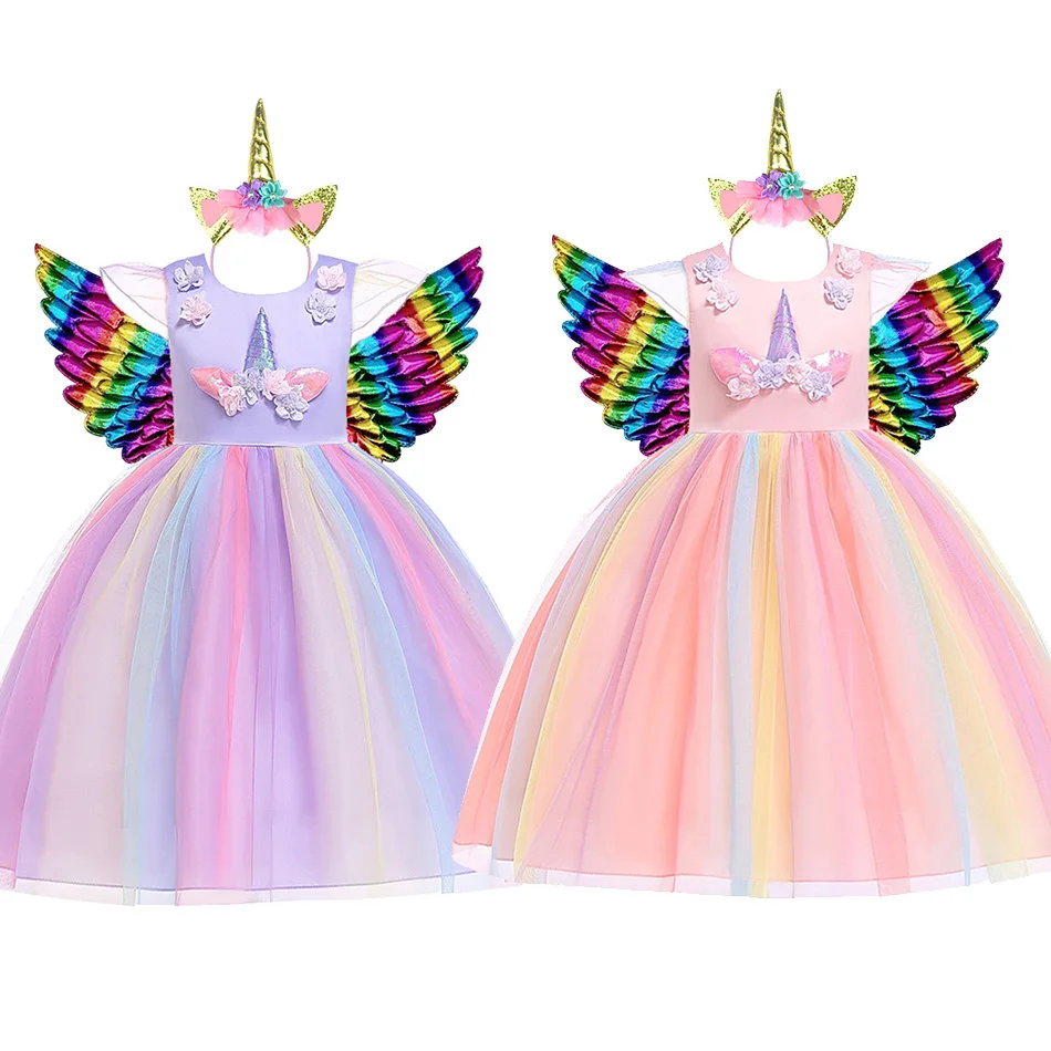 Girl Unicorn Costume Children Rainbow Princess Dress Kids Christmas Halloween Party Clothes Girls Carnival Birthday Gift 3-10Y