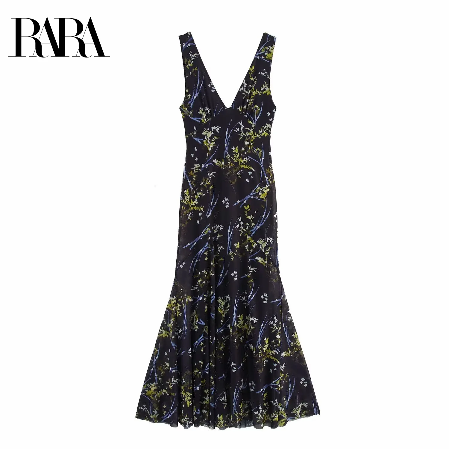 

RARA 2025 Women's Sleeveless V - neck Dress with All - over Botanical Print Flared Skirt and Midi - length Cut