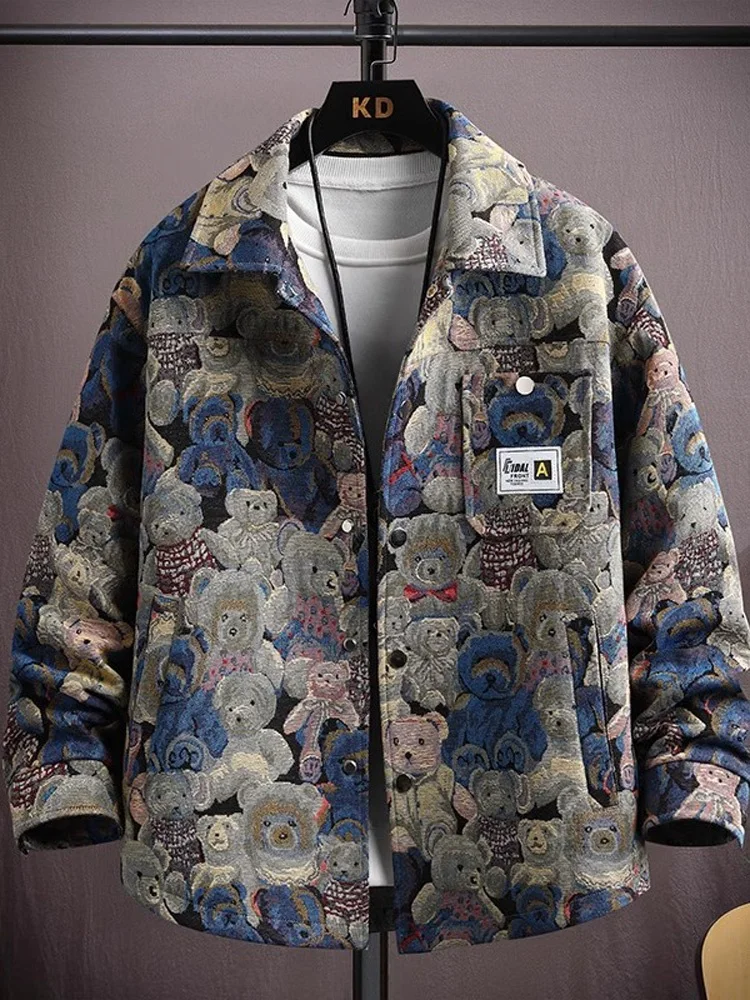

Spring Autumn Men's Long Sve irt Casual Print Collar Workwear Outerwear Trendy Bear Pattern Loose Fit Youth Faion