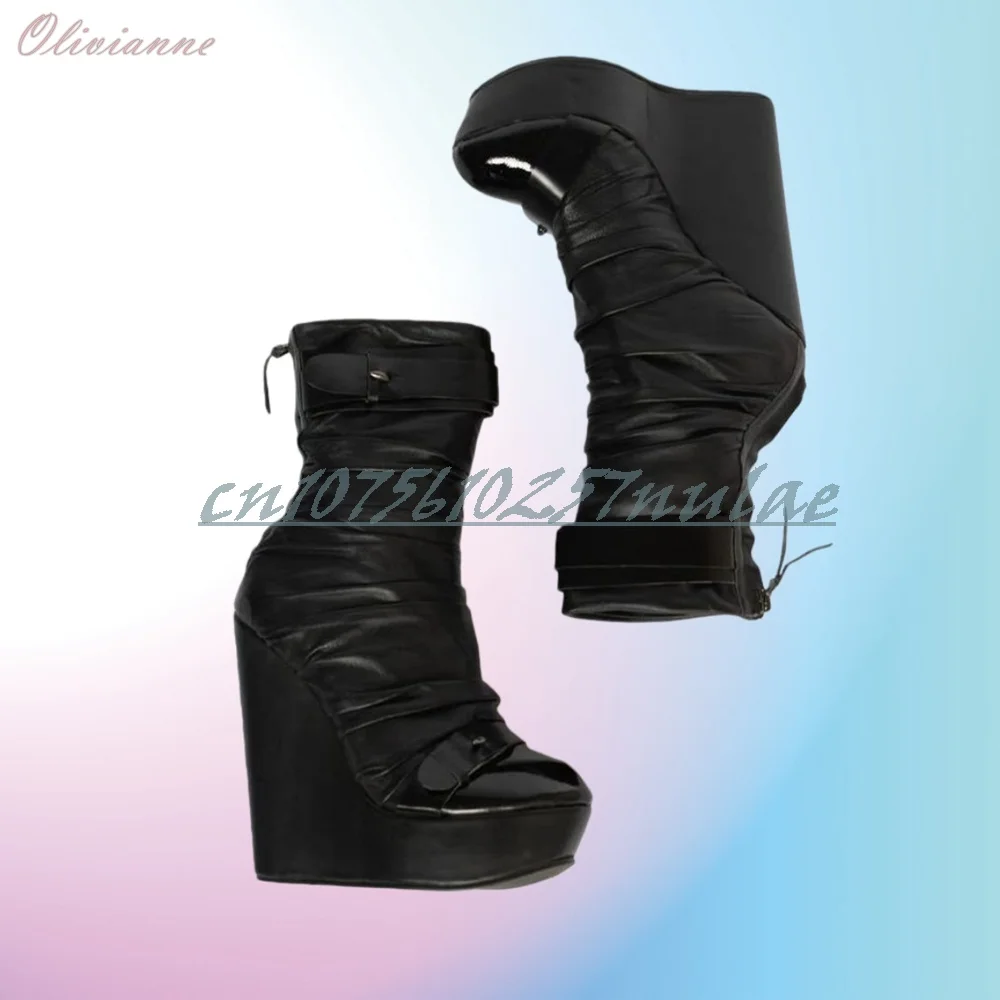 

Black Wedges High Heel Ankle Boots Round Toe Back Zipper Buckle Strap Women Shoes Women Shoes 2026 Fashion Zapatos Para Mujere