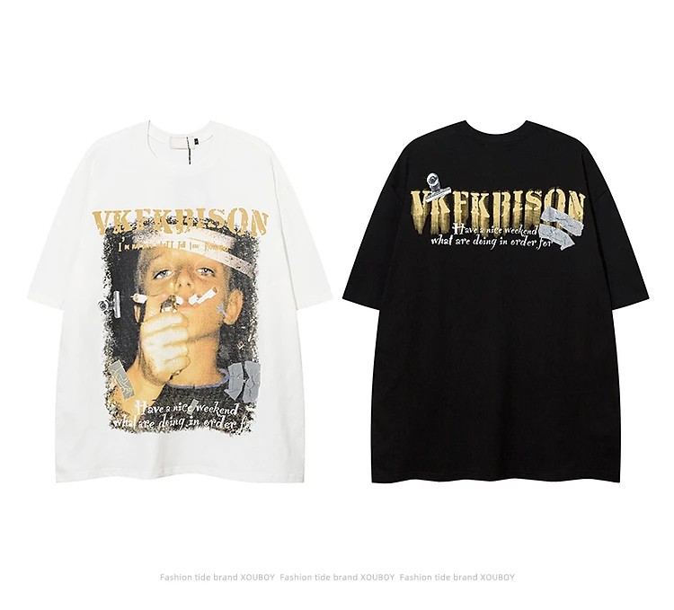 

European and American Street Hiphop Creative Character Printing 250G Heavy Short-sleeved T-shirt Men's American Loose Pure Cotto