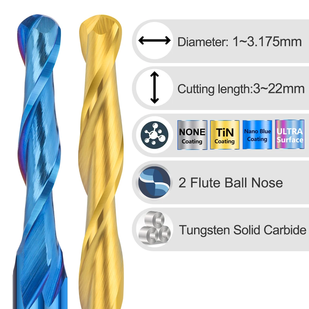 XCAN freze kesicisi 3.175mm Shank Ball burun End Mill karbür 2 flüt Spiral freze uçları CNC gravür Bit