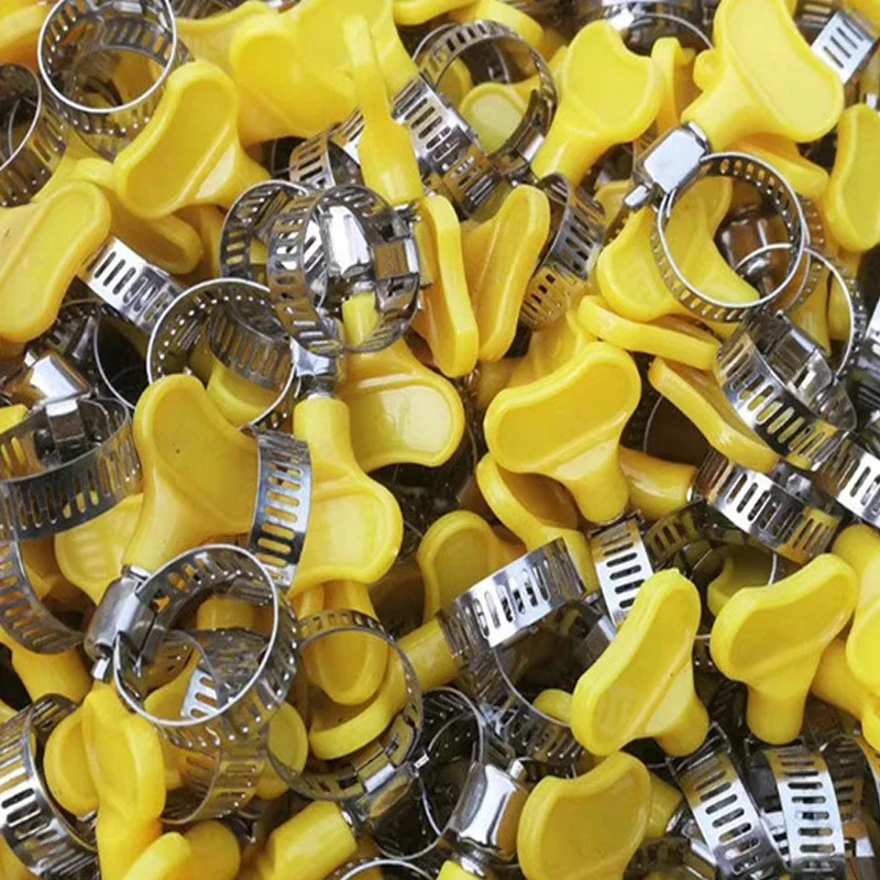 10pcs 8-38mm Adjustable Yellow Plastic Handle Hand Twist Hose Clamps Worm Driving Stainless steel Pipe Clips For Tube