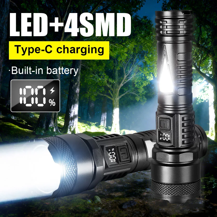 LED Flashlight Built-in Battery USB Rechargeable Flashlight Side Light Ultra Powerful Torch Lamp Outdoor Hiking Camping Lantern