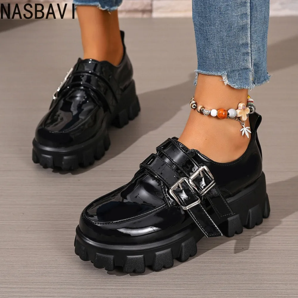 

Platform Women's Punk High Heels Loafers Shoes Big Size 45 46 47 Buckle Black Thick Sole Heeled Punk Shoes Ladies 2026 Spring