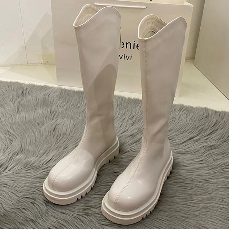 Women Boots Fashion Casual Non Slip Zipper Knee Boots Woman Comfortable Round Boots Ladies Platform PU Winter Boot Female