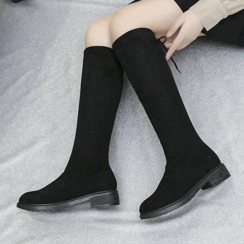 British Style Women Boots Knee High Flock 2024 New Winter Fashion Winter Plush Round Head Stretch Boots Square Heel  Women Shoes