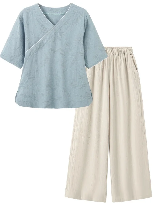 Nuevo Conjunto de Dos Piezas de Estilo Chino Artístico Retro, Top de Manga Corta de Algodón y Lino, Pantalones Anchos, Estilo Zen Casual para Mujer, Traje de Té, Verano