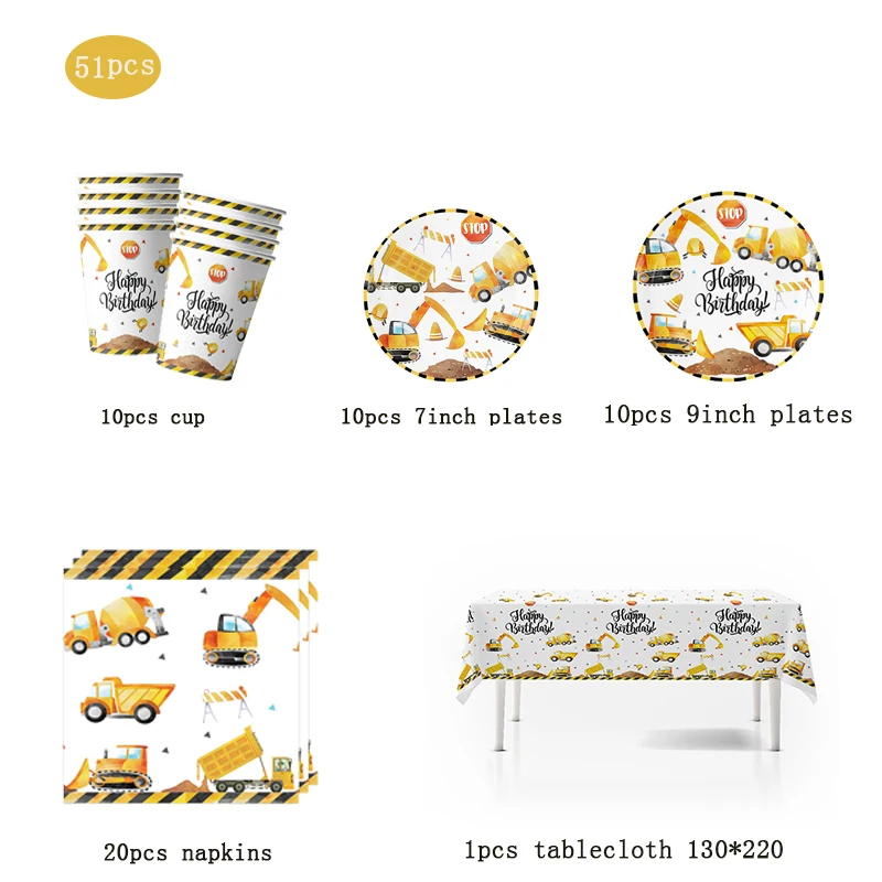 Construction Tractor Theme Birthday Party Decorations Aluminum Film Balloon Tableware Baby Shower Kids Boys Cake Decor Supplies