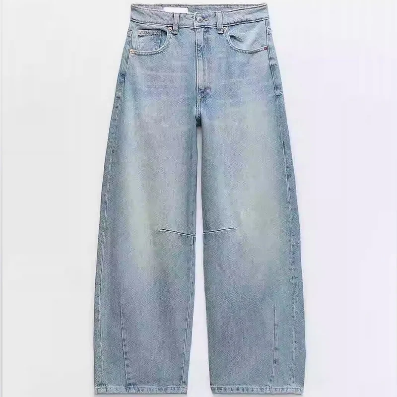 New Autumn Women's Casual Wide Leg Jeans Loose Fit Balloon Style Blue Denim Pants Comfortable Natural Waist Zadata Brand