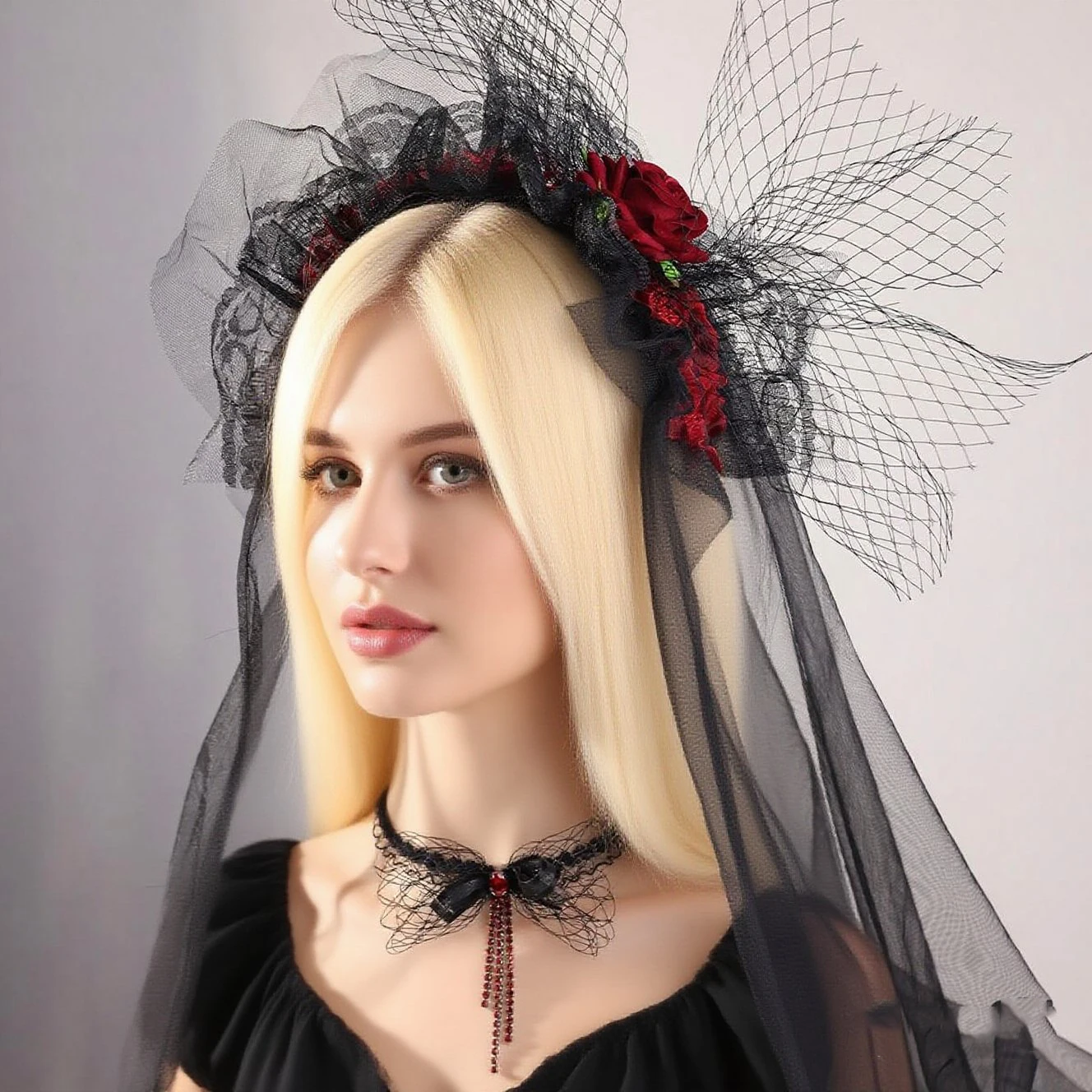 Black Rose Flowers Handmade Lace Hairbands With Veil For Halloween Party Women Bridal Headbands Hair Accessories